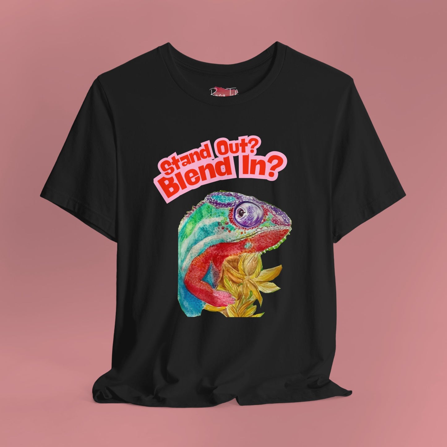 Colourful Chameleon Graphic Black T-Shirt - Hand Painted Design